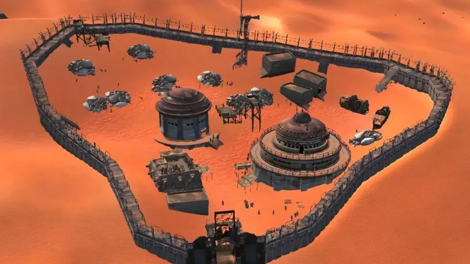 Stone Camp, a walled Kenshi camp seen from above