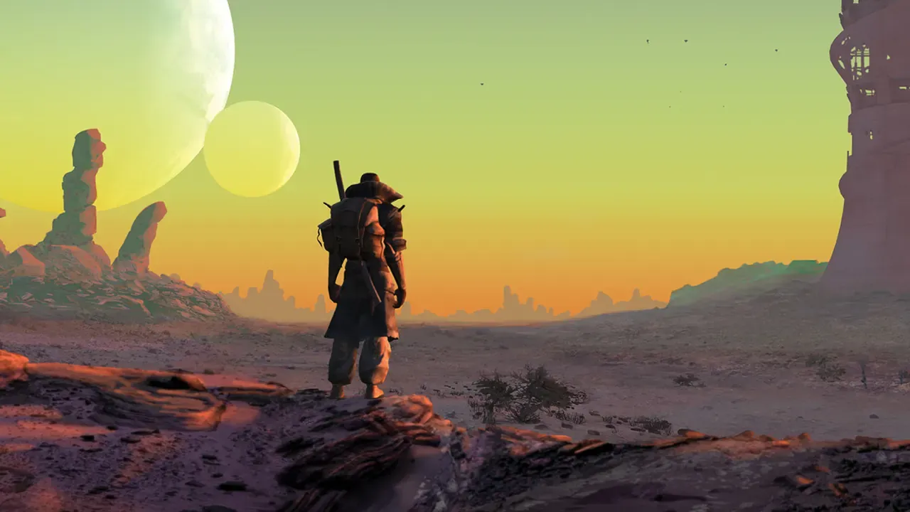 Official Kenshi key art: a lone figure in a desert at sunset