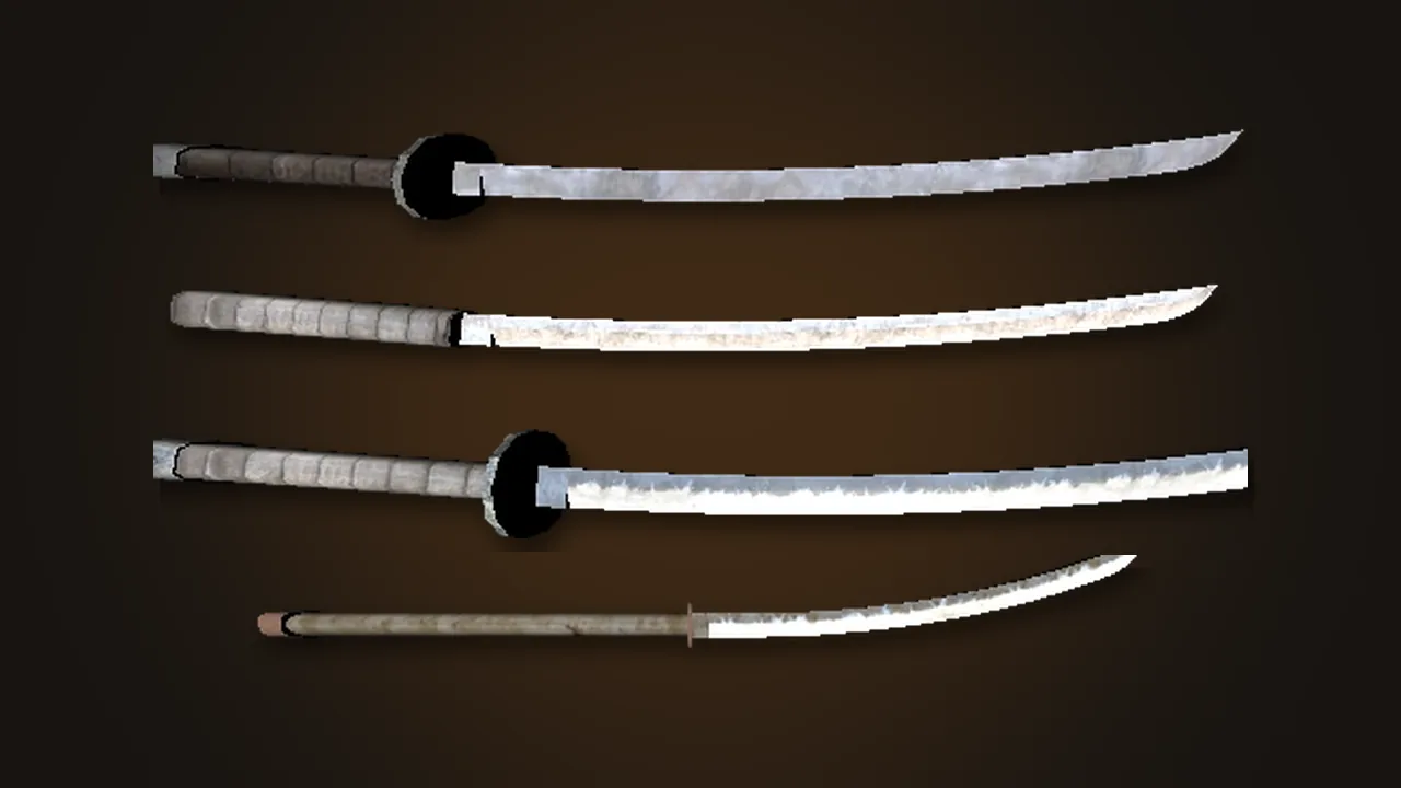 Four Kenshi katana-class weapons, rendered from the game