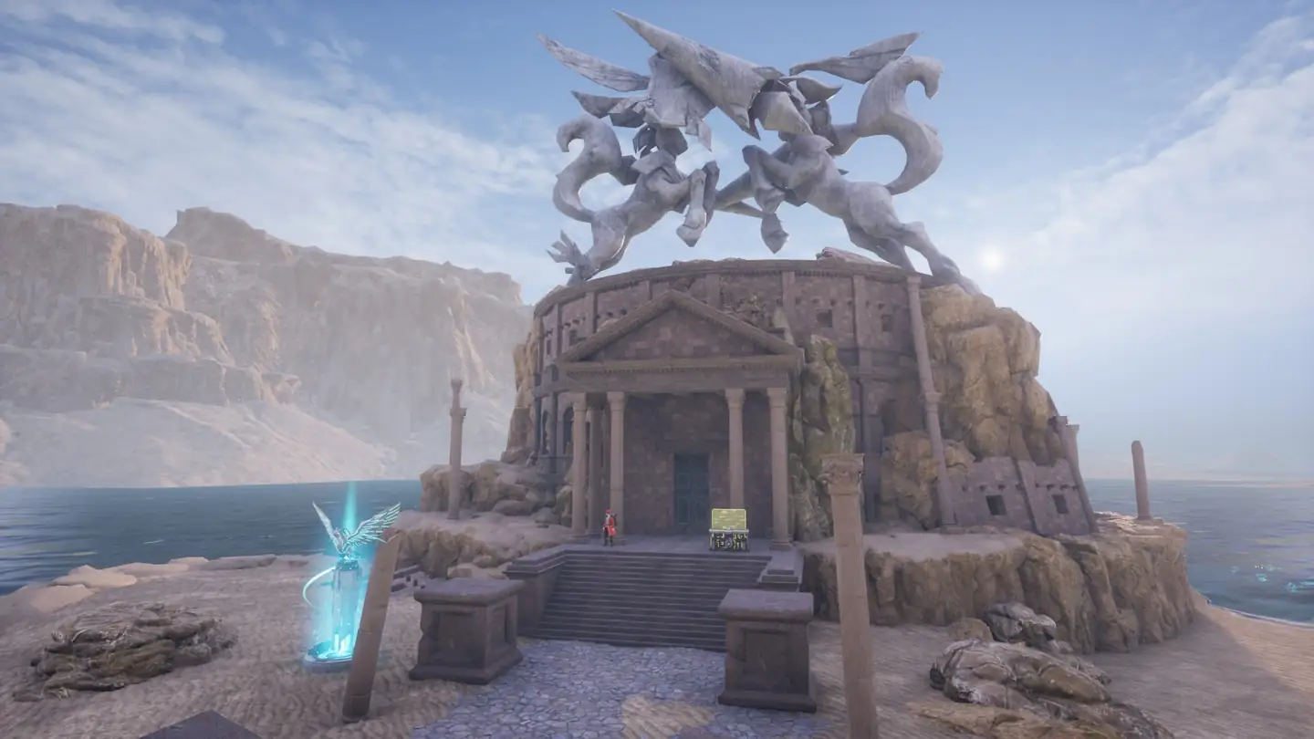 The Arena, a ruin of stone columns on a clifftop, where the Arena Merchant stands