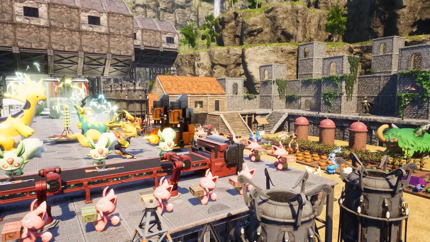 A base in Palworld with Pals at work on its production line