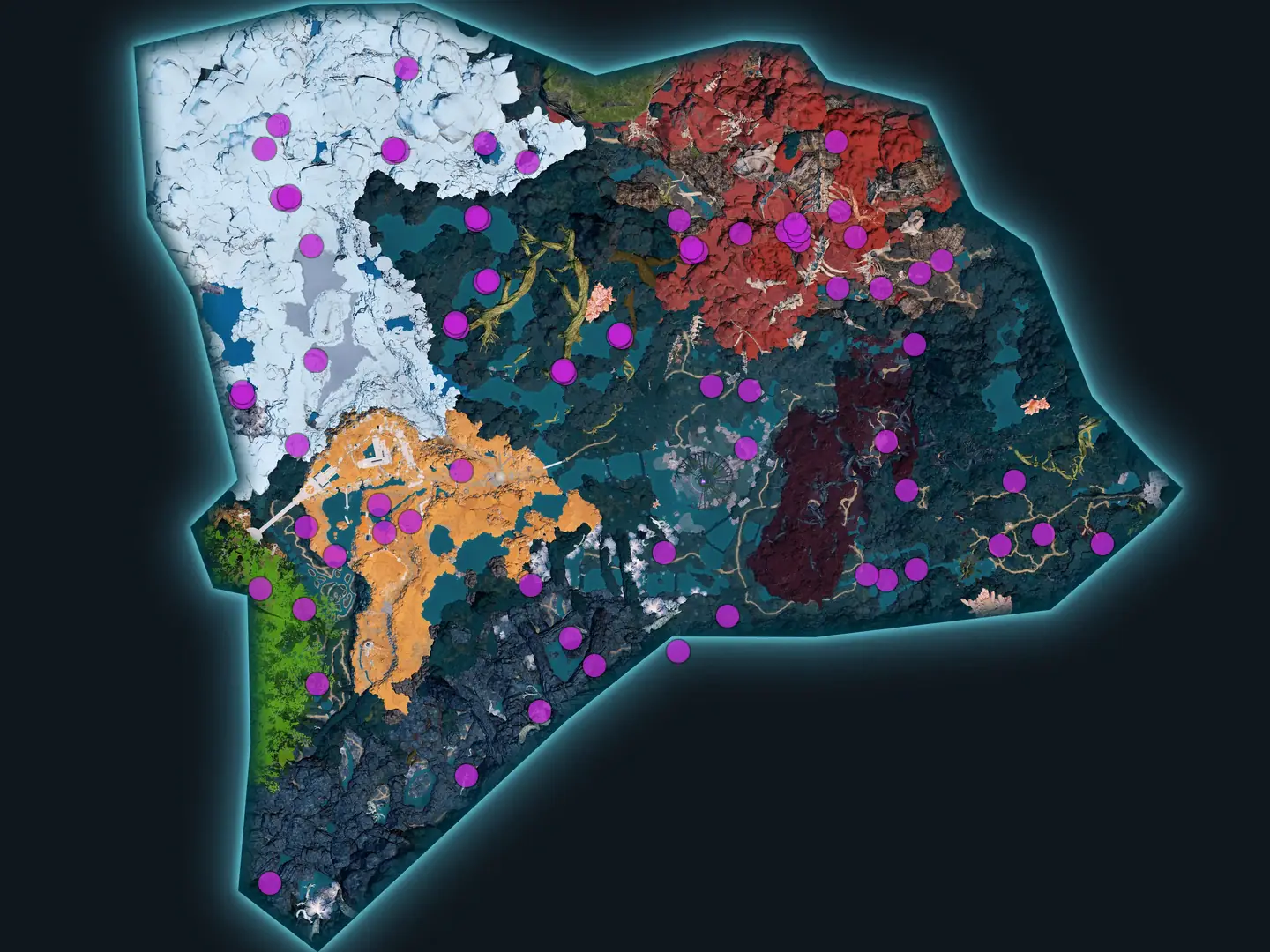 Every Paloxite node on our World Tree map, marked in purple