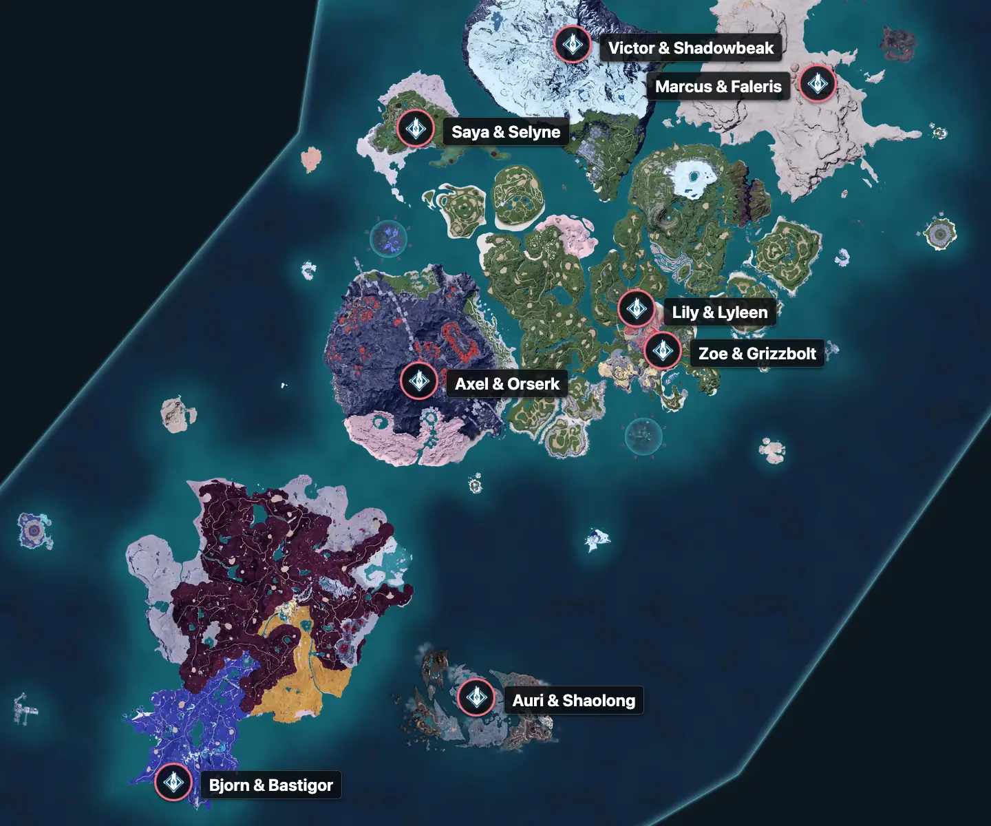 The Palpagos boss towers on our map, each labelled with the boss it holds