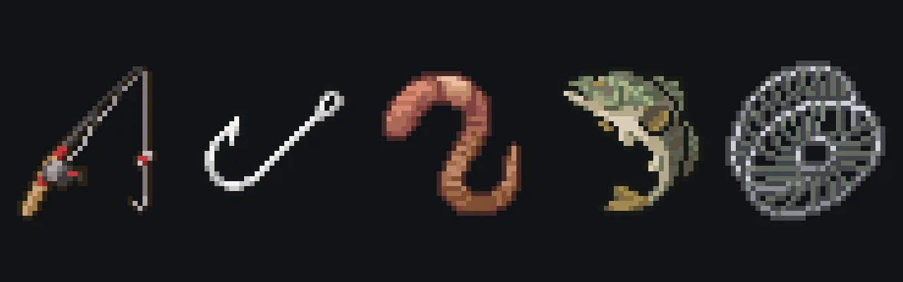 Fishing rod, hook, worm, largemouth bass and fishing net icons from Project Zomboid
