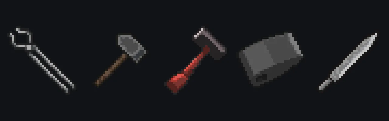 Tongs, smithing hammer, sledgehammer, axe head and sword blade icons from Project Zomboid