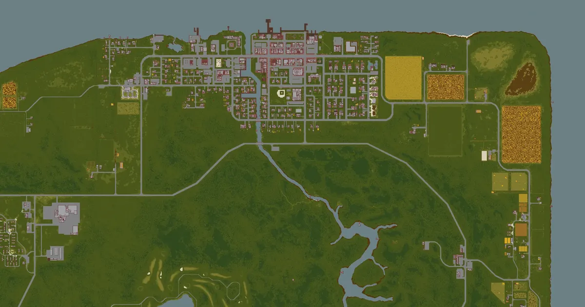 Map of Riverside in Project Zomboid, rendered from the game's world map