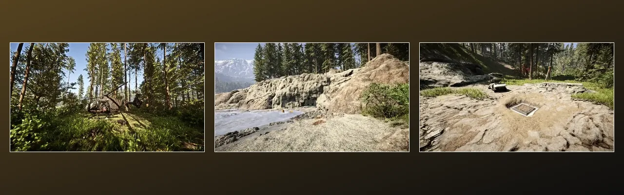Three Sons of the Forest game screenshots: a helicopter crash site in the forest, a cave entrance on a beach and a bunker hatch dug out of the rock