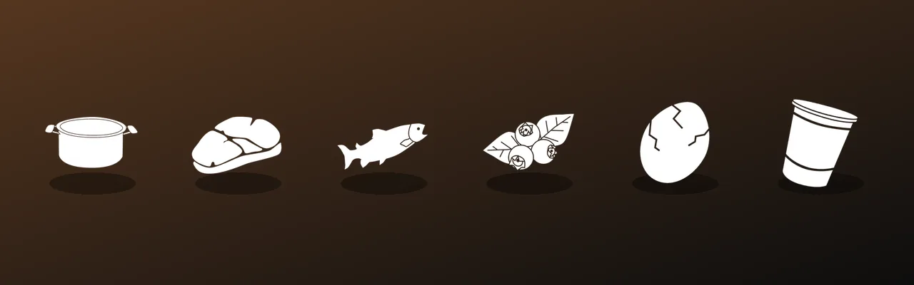 Game icons of a cooking pot, meat, fish, blueberries, turtle eggs and ramen noodles