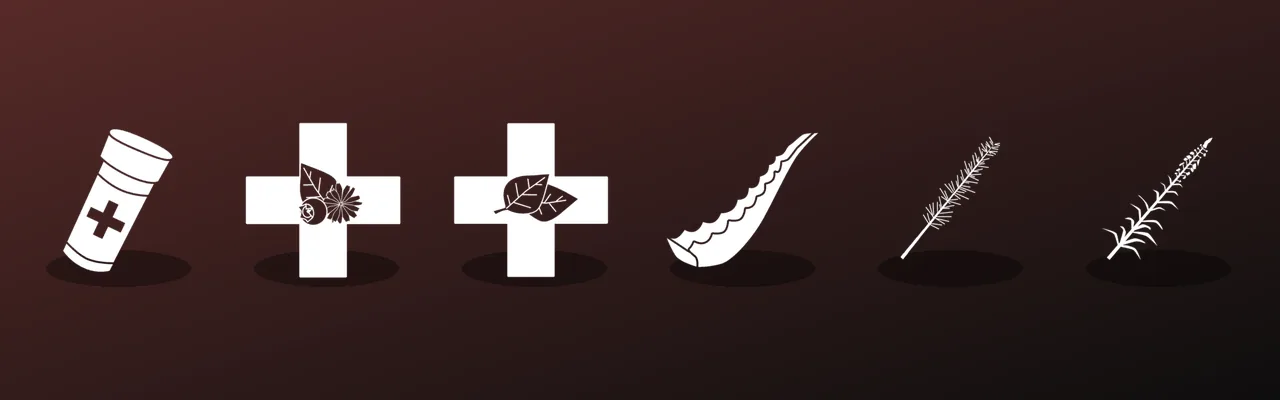 Icons of Meds, Health Mix, Health Mix Plus and the herbs aloe, yarrow, horsetail and fireweed from the game files