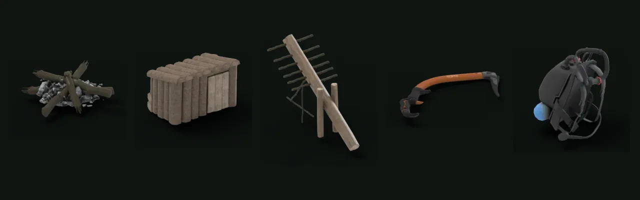 Fire, shelter and trap models of The Forest rendered from the game's files