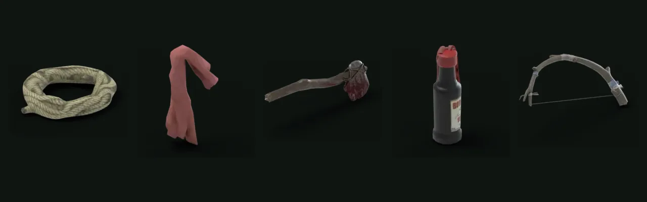 Rope, cloth, crafted axe, molotov and bow icons from The Forest