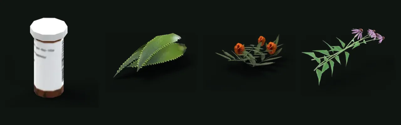 Meds, health mix, aloe, marigold and coneflower icons from The Forest