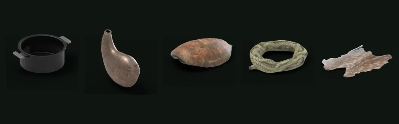 Old pot, waterskin, turtle shell, rope and deer skin icons from The Forest